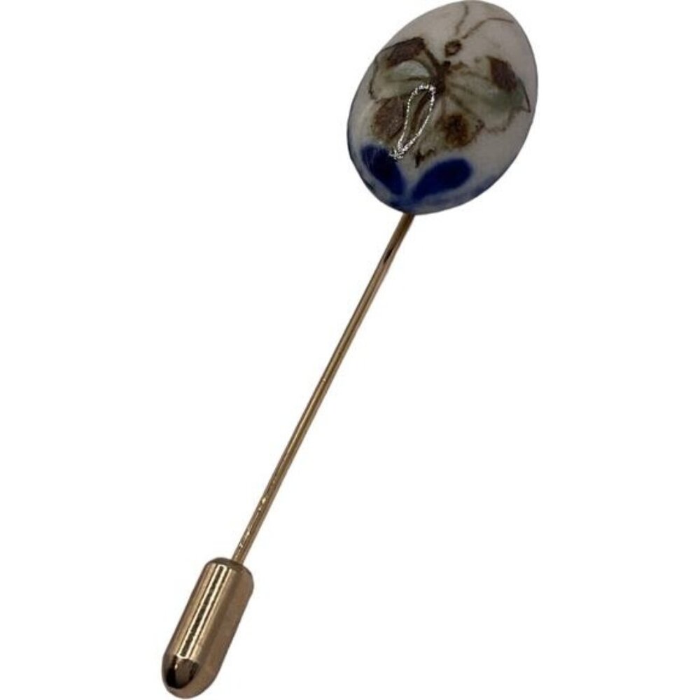 Vintage Porcelain Floral Stick Pin Gold Tone Jewelry